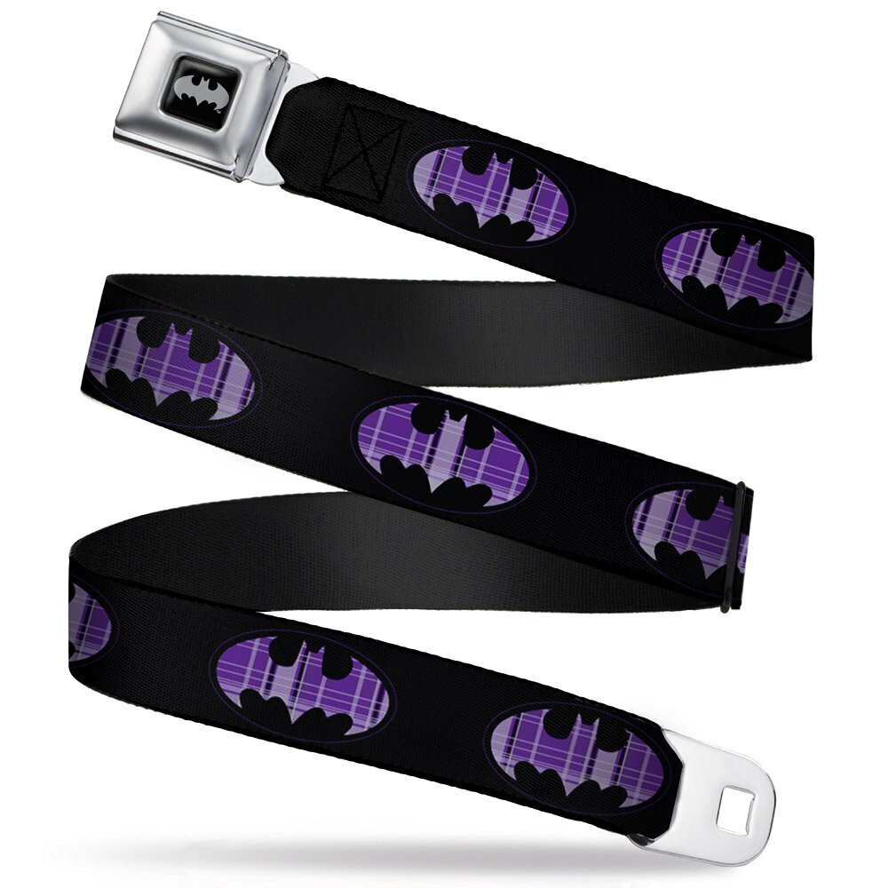 5907 Belt Seatbelt Buckle Batman Signal Black Purple Plaid Youth 20 to 36